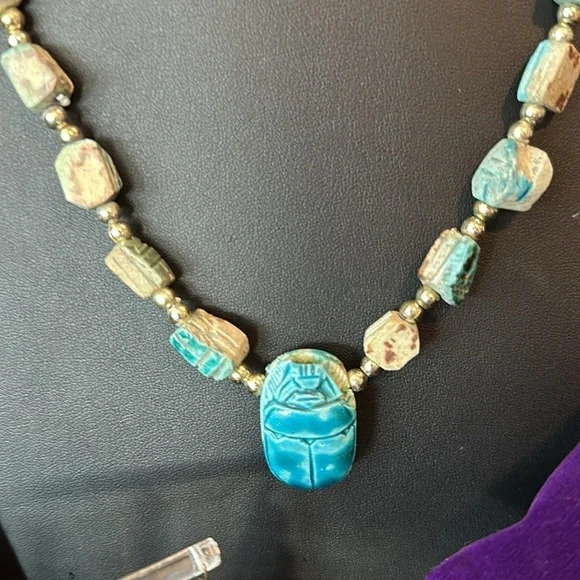 Vintage Blue Carved Soap Stone Scarab Beetle Egyptian Revival Necklace​​​ - Picture 2 of 3